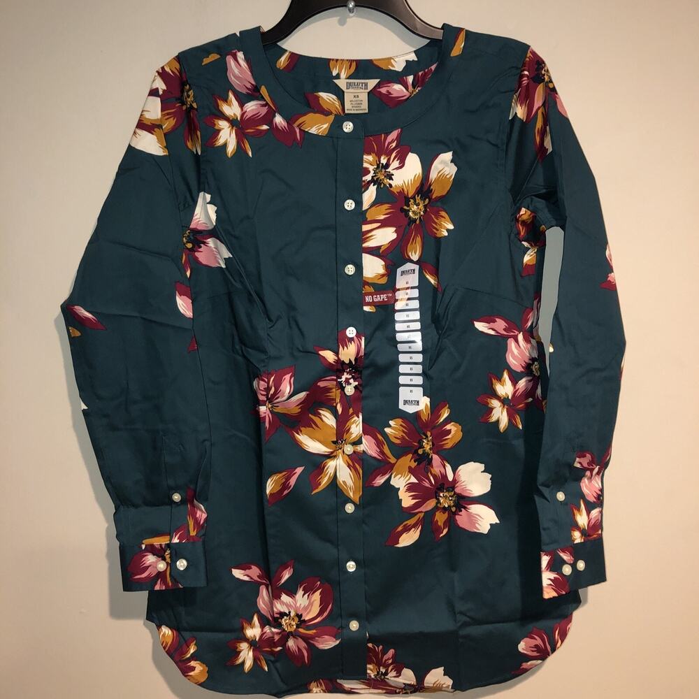 Duluth Trading Wrinklefighter Tunic Pockets Teal Floral Blouse Top Sz XS Nwt